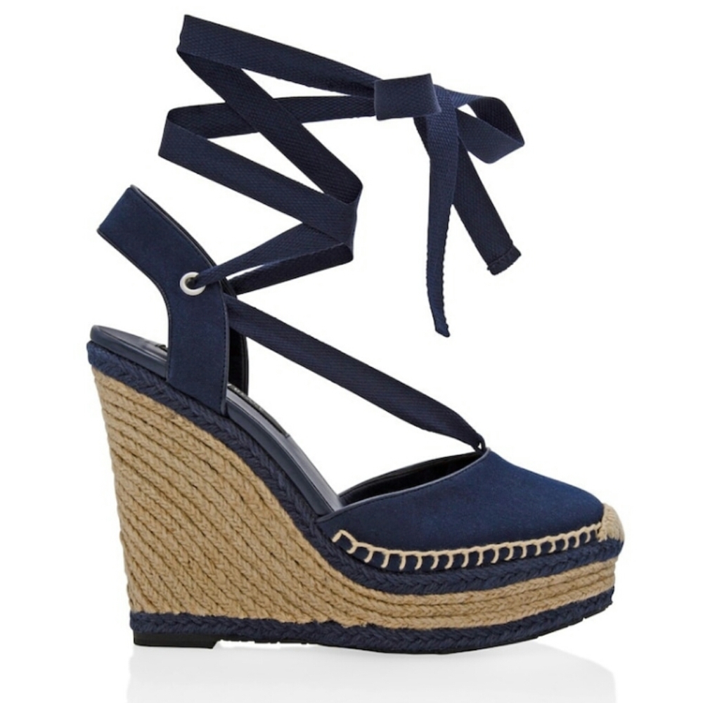 WHBM Navy Espadrilles Lace up Ankle Wedge